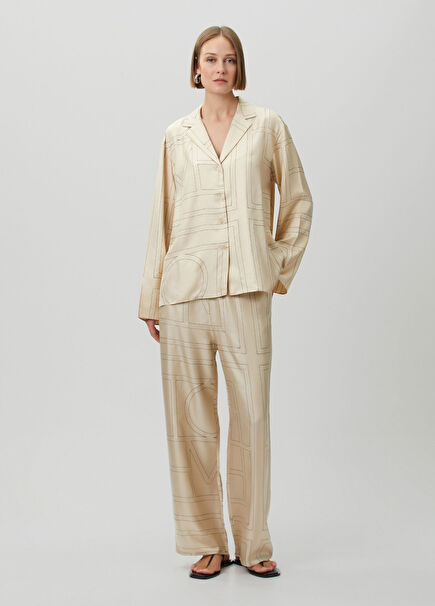 Ekru Monogram İpek Pijama Pantolon