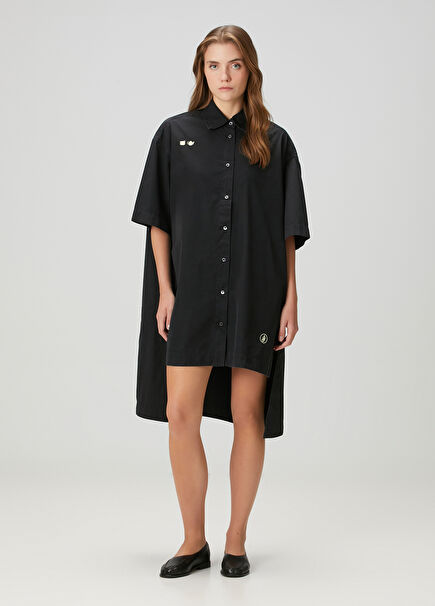 Siyah Asimetrik Gömlek Elbise