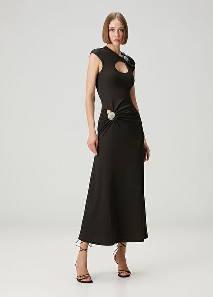 Antrasit Taşlı Kesim Detaylı Maksi Abiye Elbise