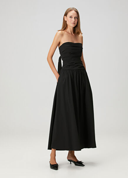 Black Draped Strapless Midi Dress