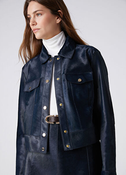 Teal Blue Leather Trucker Jacket