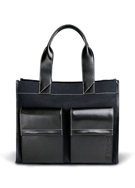 Stitched Pocket Maxi Tote Lacivert Siyah Deri Kadın Omuz Çantası