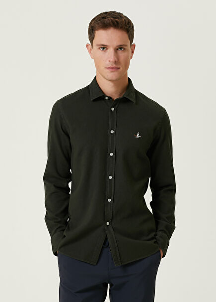 Slim Fit Haki Armürlü Gömlek