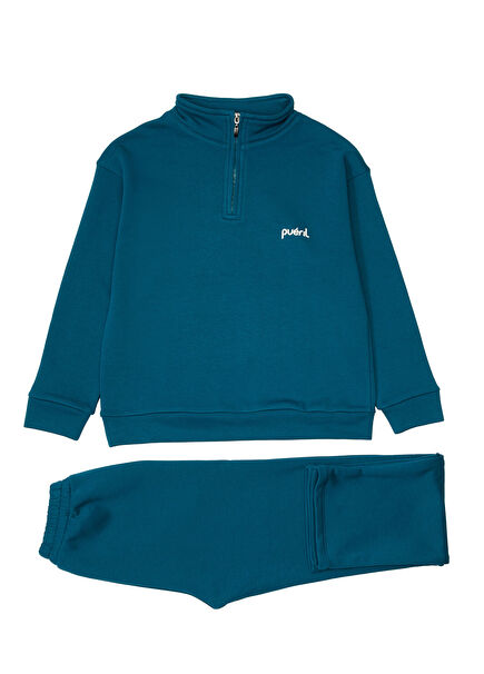 Petrol Yarım Fermuarlı Çocuk Eşofman Takımı