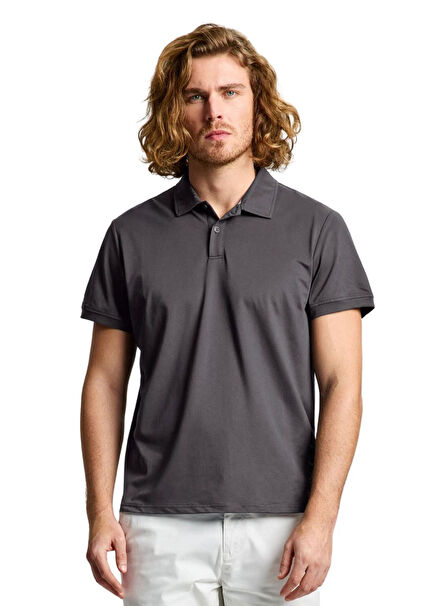 Tech Pique Ss Grey Polo Collar Short Sleeve Men's T-Shirt