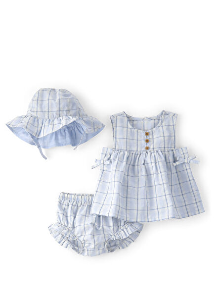 Blue Check Tank Top Shorts and Hat Baby Girl Set of 3