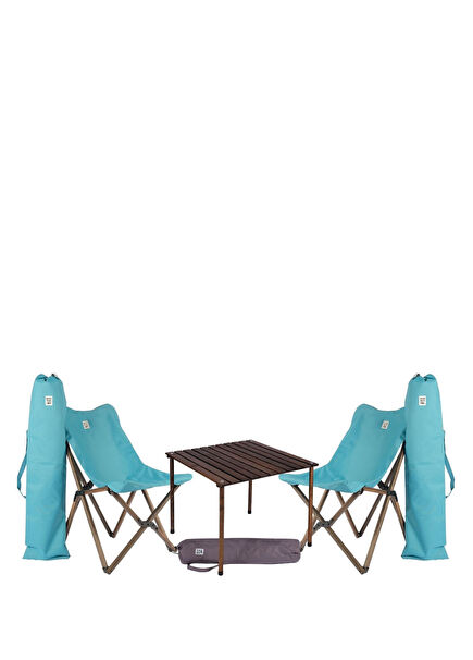 Ahşap Antrasit Turkuaz Katlanır Kamp Masa ve Sandalye Seti