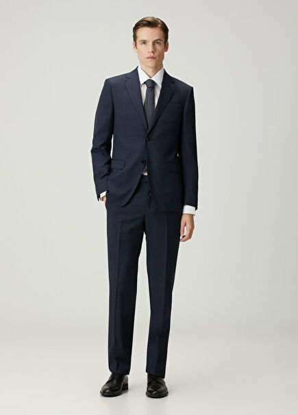 Lacivert Ekose Desenli Yün Takım Elbise