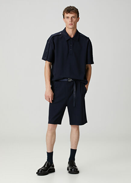 Lacivert Beli Kemerli Jersey Bermuda