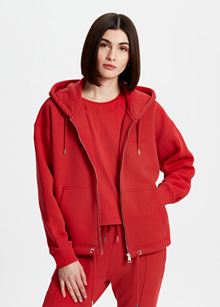 Kırmızı Kapüşonlu Fermuarlı Kadın Sweatshirt