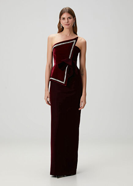 Bordo Straplez Maksi Kadife Abiye Elbise