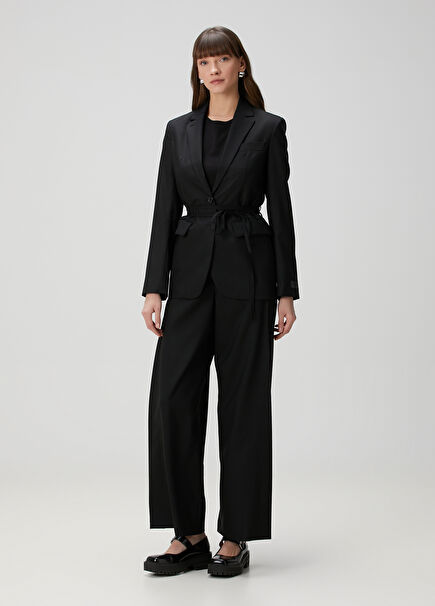 Black Pleated Detailed Wool Trousers