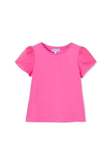 Pembe Lale Kol Detaylı Pamuklu Kız Çocuk T-Shirt