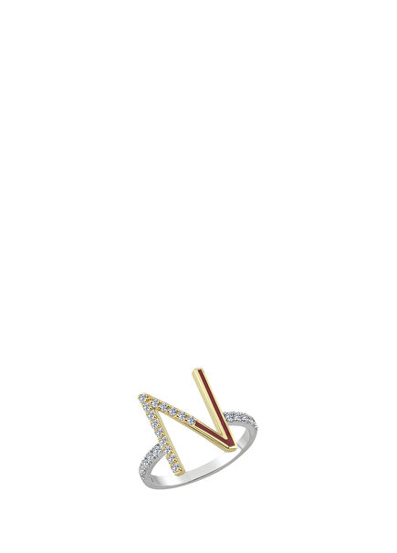 Initial Letter N Enamel 14K Gold Women's Ring with Diamond Diamond