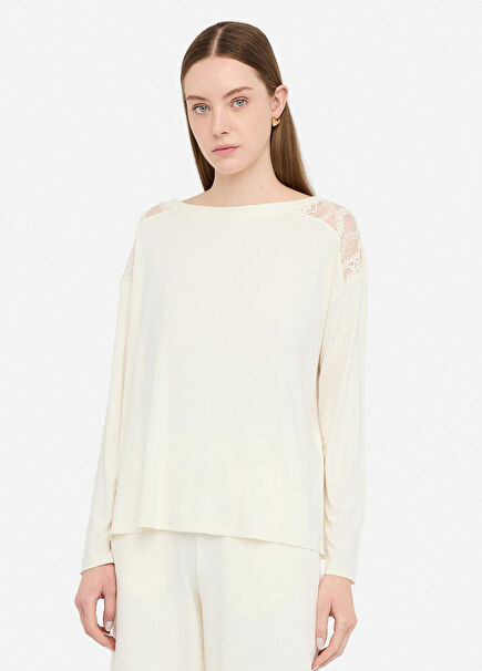 White Lace Detailed Long Sleeve Women's T-shirt