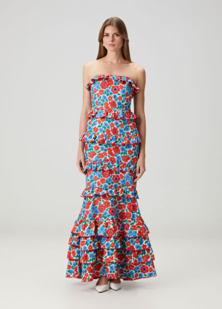 Opalo Red Blue Floral Maxi Linen Dress