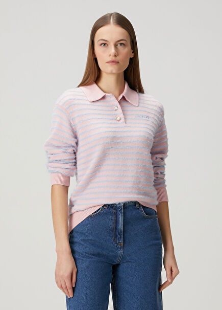 Mavi Pembe Polo Yaka Yün Oversized Triko
