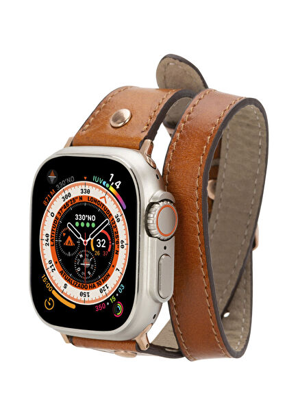 BloomBand Gold Buckle Double Tour Tan Leather 44/45/46/49mm Women's Smart Watch Band