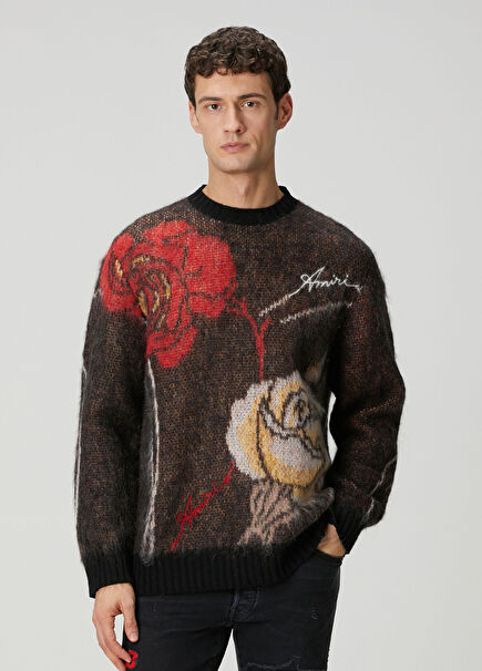 Siyah Çiçek Desen Jakarlı Yün Kazak