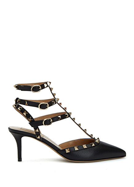 Rockstud Pudra Siyah Deri Topuklu Ayakkabı