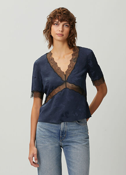 Tedox Navy Blue Horse Jacquard Silk Blouse
