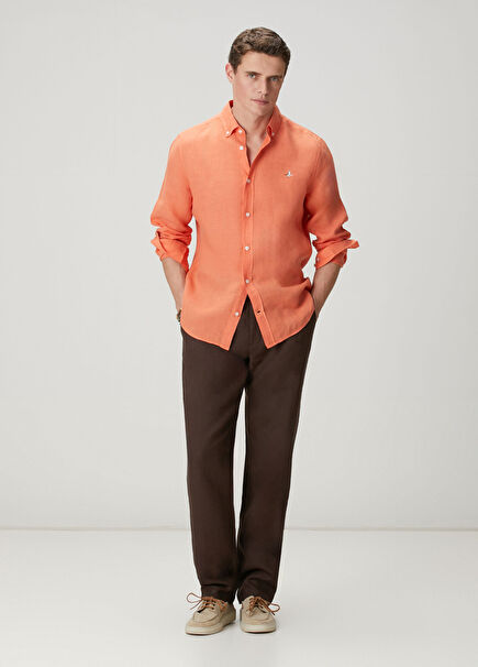 Kahverengi Beli Kordonlu Keten Pantolon