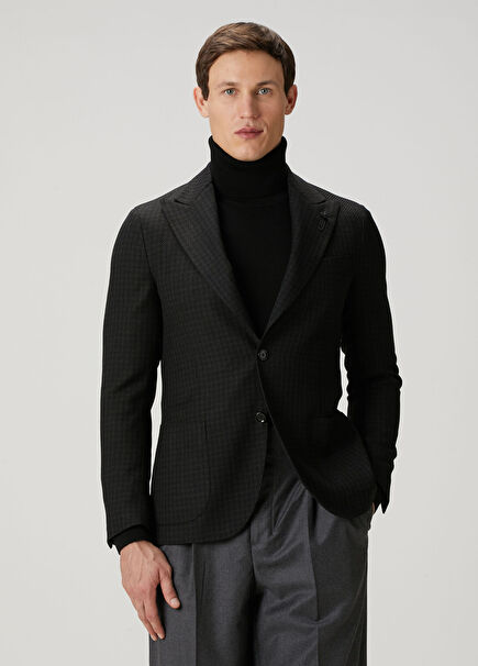 Koyu Gri Kareli Yün Ceket