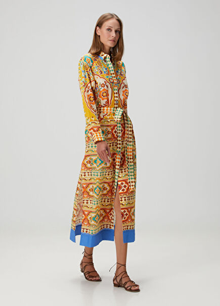 Sarı Desenli Midi Gömlek Elbise