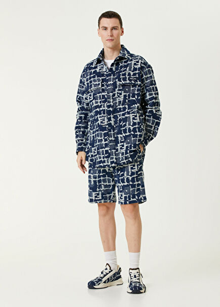 Dark Blue Patchwork Logo Pattern Denim Bermuda