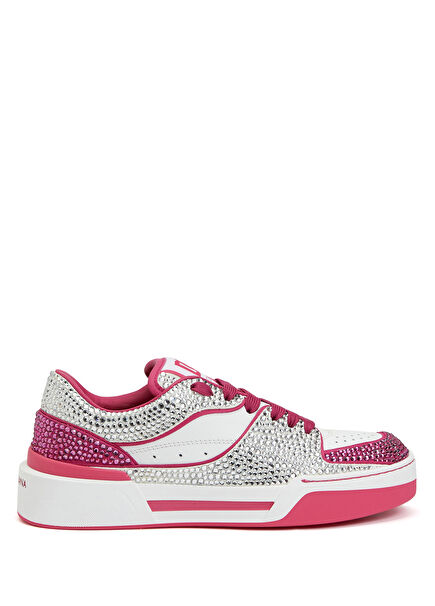 Pembe Beyaz Mikro Taşlı Kadın Deri Sneaker
