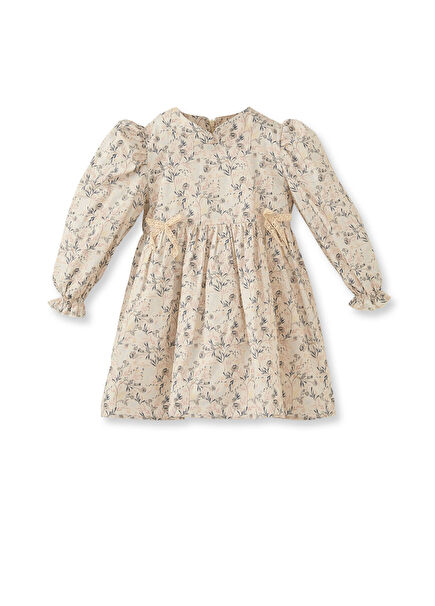Çiçek Desenli Krem Pamuklu Kurdeleli Kız Çocuk Elbise