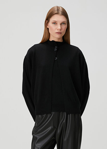 Black One-Button Wool Cardigan