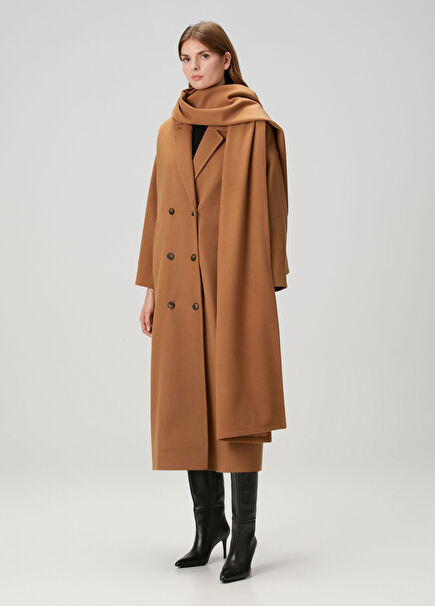 Tan Scarf Detailed Wool Coat