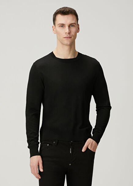 Siyah Logo Nakışlı Yün Kazak