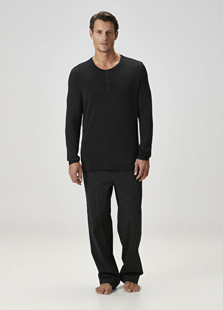 Black Monogram Print Pajama Bottoms