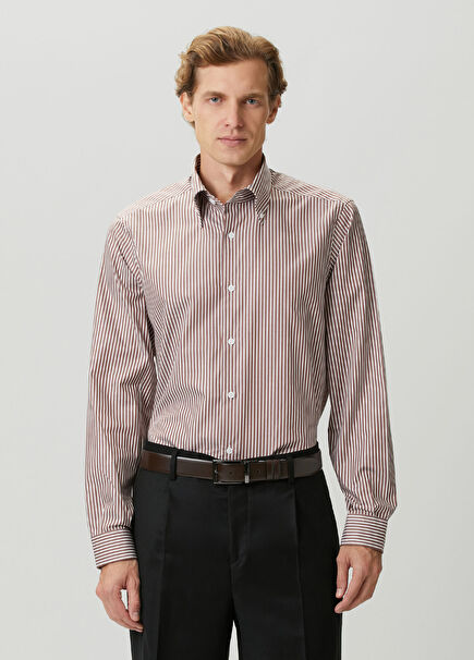 Custom Fit Coffee Big Button Collar Striped Shirt