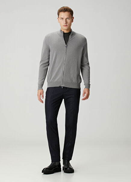 Tapered Fit Lacivert Beli Kordonlu Yün Pantolon