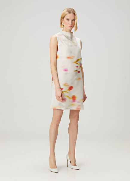Ecru Floral Mini Silk Dress