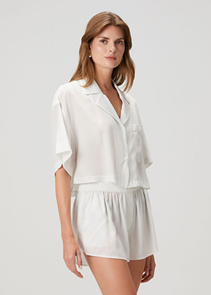 Beyaz Çizgili Kısa Kol Crop Gömlek