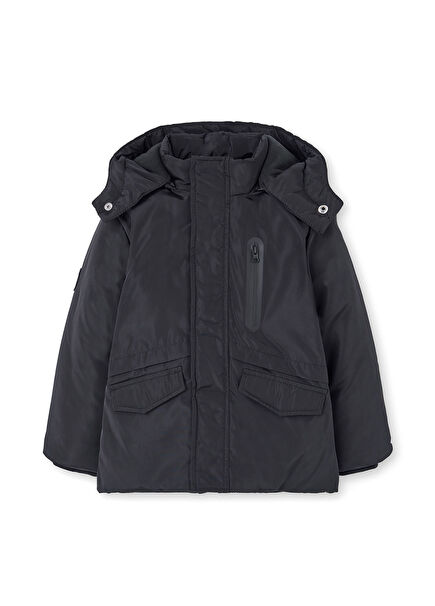 Black Hooded Boys' Coat with Flap Pocket