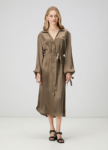 Khaki Midi Silk Satin Dress