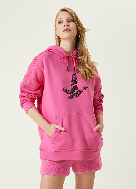 Pembe Kapüşonlu Logolu Sweatshirt