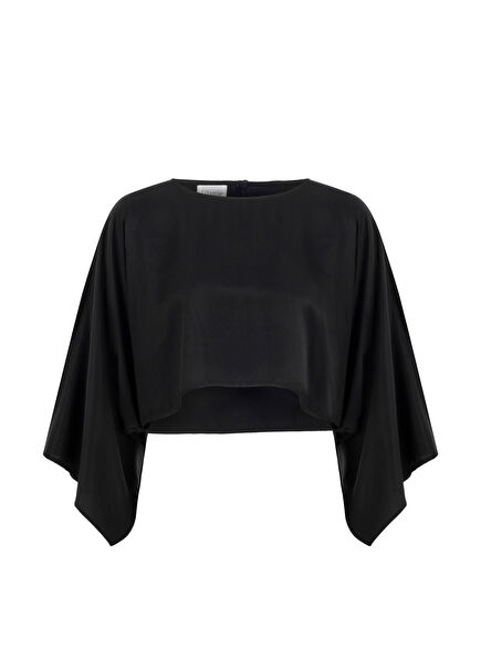 Soho Black Boat Neck Loose Fit Long Sleeve Women's Crop Blouse