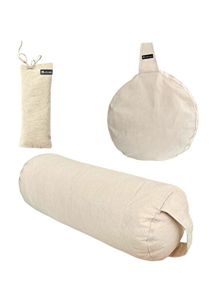 Beige Buckwheat Filled Meditation Mat Cylinder Bolster and Eye Pillow 3-Piece Meditation Set