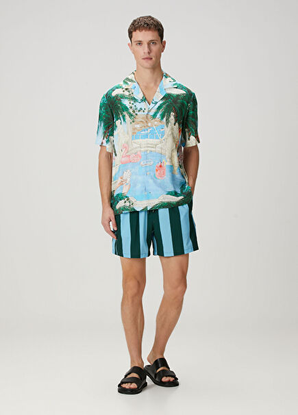 Khaki Blue Waist Corded Stripe Patterned
