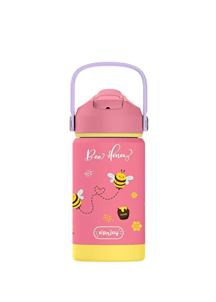 FlipSip Bee Honey Pink Yellow Steel Kids Thermos Drinker 360 ml