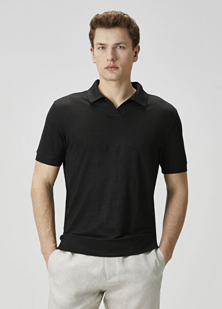 Black Polo Neck Linen T-Shirt