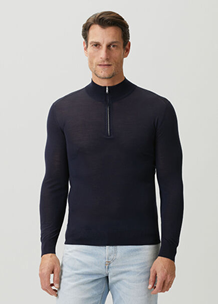 Navy Blue Collar Zippered Wool Sweater