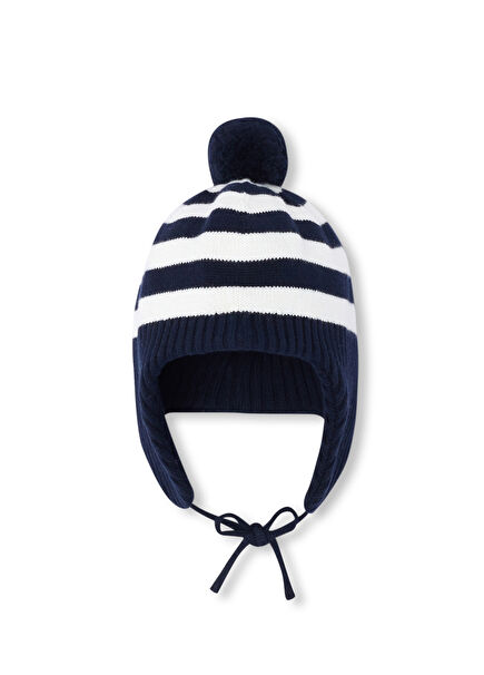 Lacivert Beyaz Çizgili Ponponlu Erkek Bebek Bere