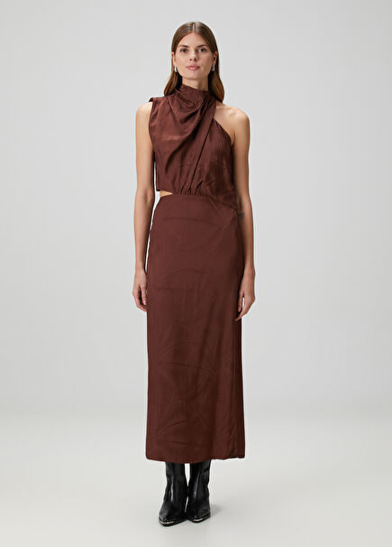 Koyu Kahverengi Yaprak Desenli Midi Elbise